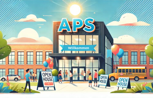 DALL·E 2024-11-13 16.16.15 - A welcoming and vibrant image of a school entrance with a banner saying 'APS.' The school building is modern, with large windows and a friendly atmosp Kopie